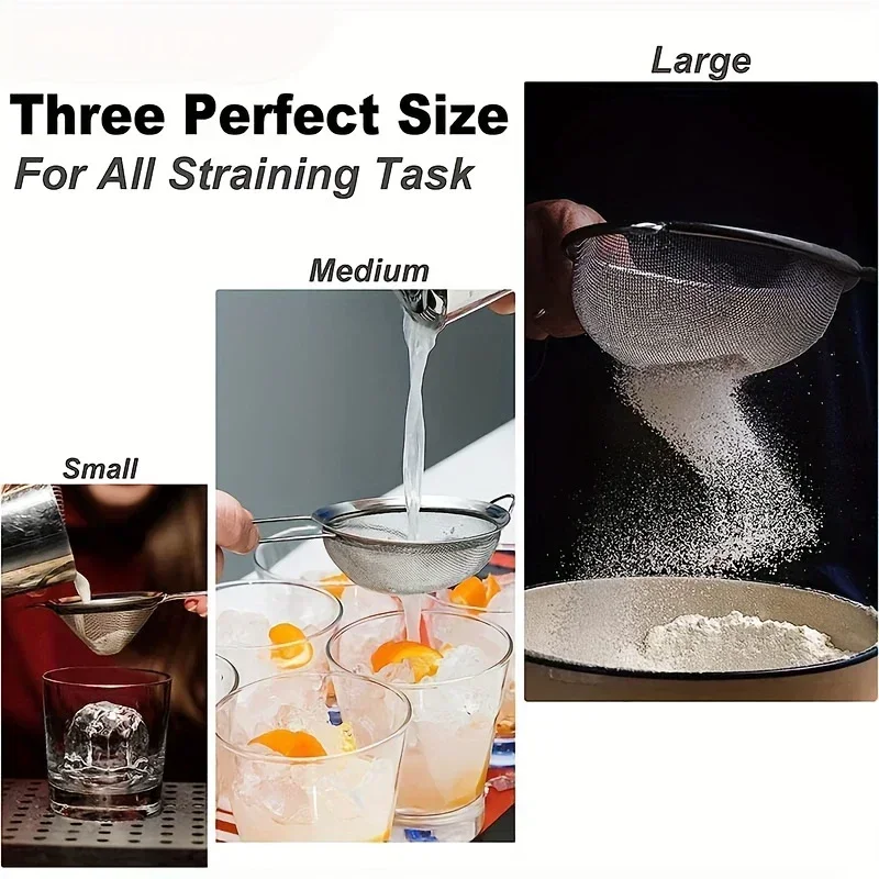 3 teile/sätze Edelstahl Feinmaschiges Lebensmittel Sieb Sieb zum Backen mit Griff Mehl Sieb Sieb Saft Sojamilch Küche Werkzeug