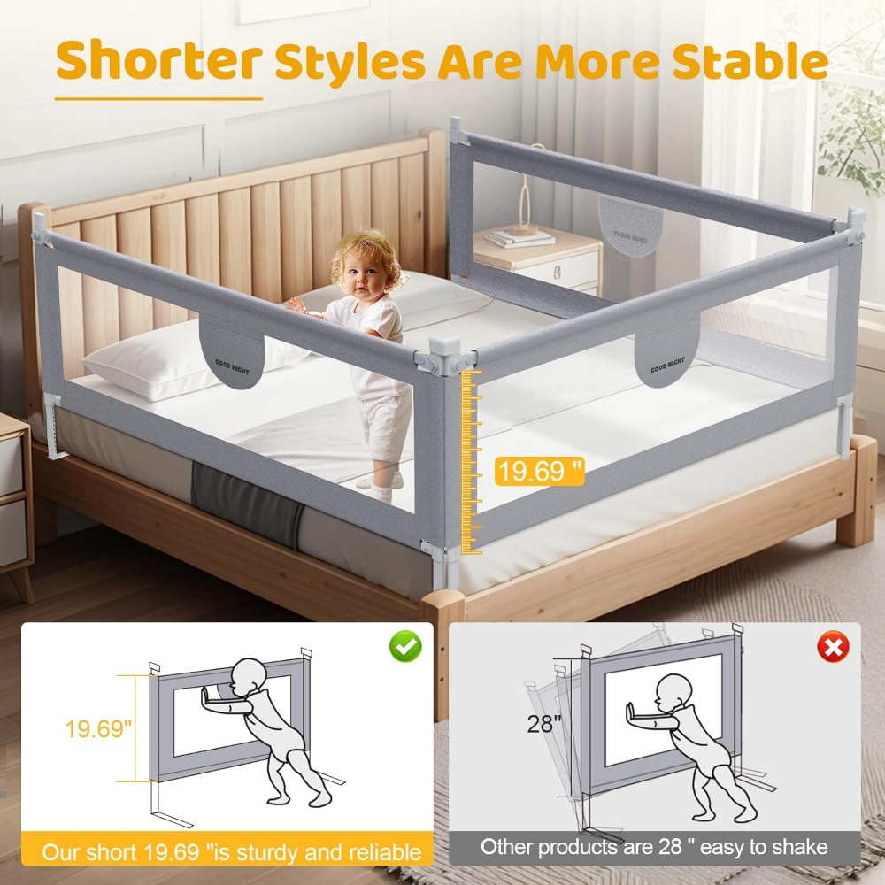 omzer Bed Rail for Toddlers - 3 Sides Safety Baby Bed Rail Guard with Child Lock, Infants Height Adjustment King Size Bed Guard