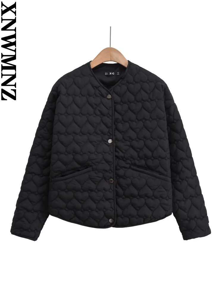 XNWMNZ-Chaqueta acolchada con corazón para mujer, moda Otoño/Invierno 2023, cuello redondo, manga larga, bolsillo, abrigo femenino versátil