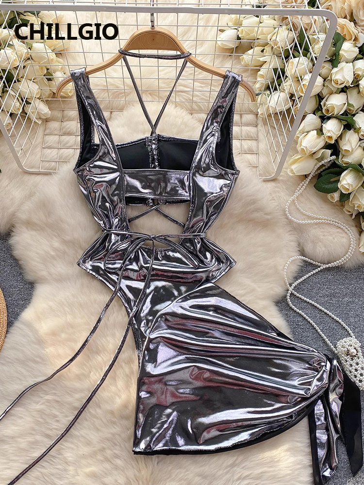 CHILLGIO ผู้หญิงเซ็กซี่ METALLIC Feeling Jumpsuits กระโปรงเสื้อผ้าชุด Hollowed BANDAGE Halter Rompers Combi-กางเกงแน่น Bodysuits