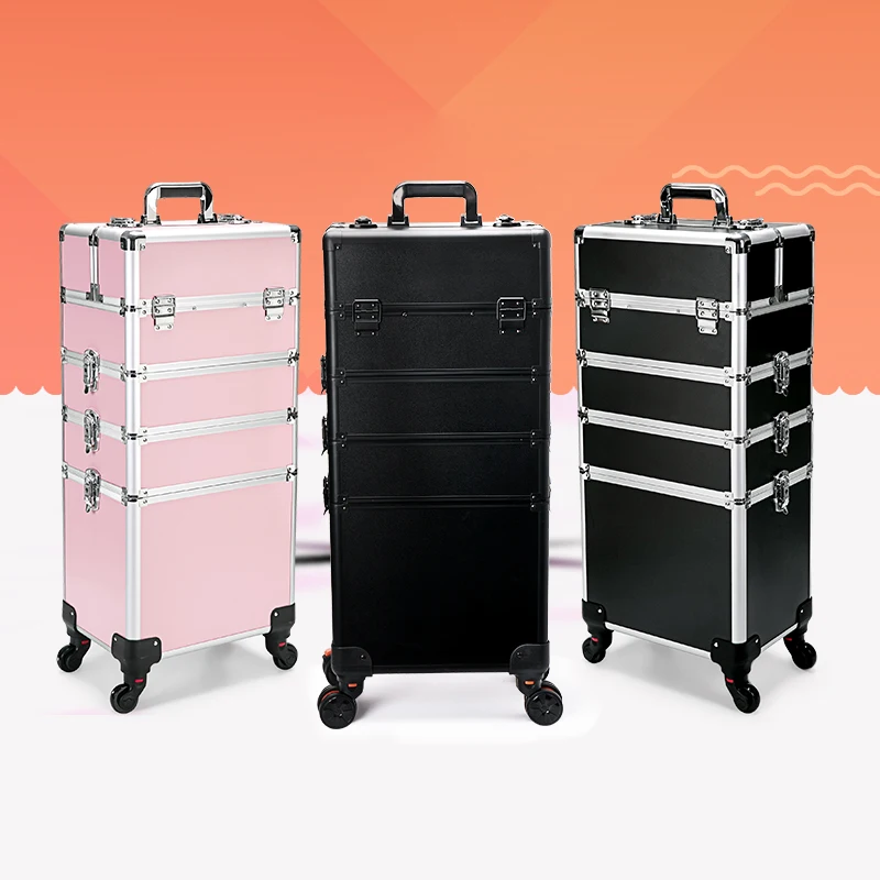 4-in-1 professioneller Make-up-Zugkoffer aus Aluminium, rollender Kosmetikkoffer auf Rädern, Aufbewahrung von Künstler-Make-up-Organizer mit Tabletts