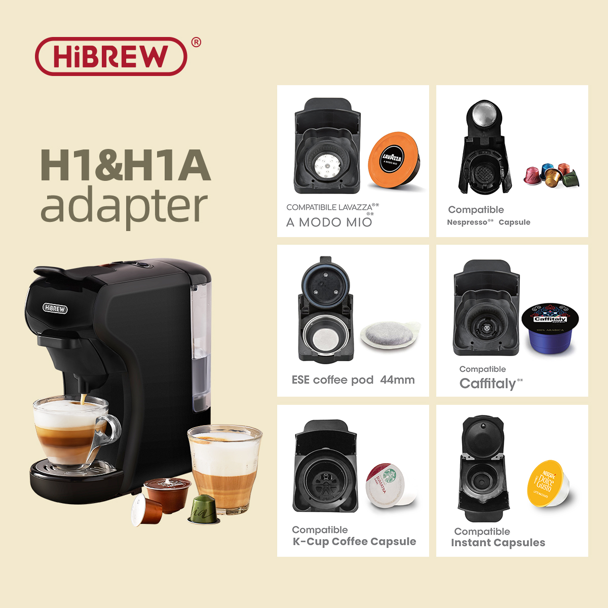 Адаптер для капсул кофемашины HiBREW H1A, запчасти для капсул голубого или lavgirl modo mio или ESE pod(44 мм) или кофеварки, Италия