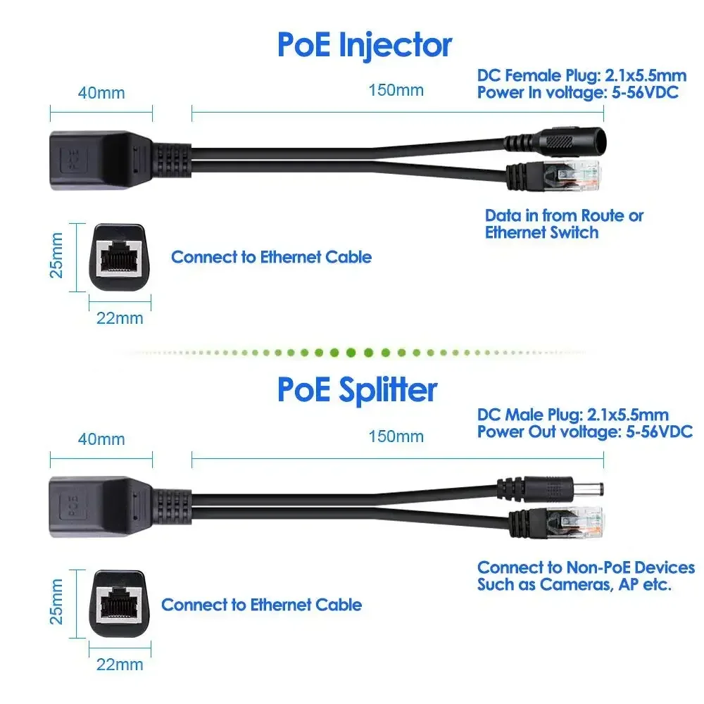 1/5/10 par cabo poe passivo power over ethernet adaptador cabo poe divisor injetor módulo de fonte de alimentação 12v para câmera ip