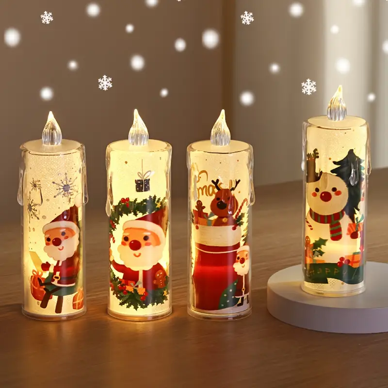 4 velas LED navideñas, luces de té electrónicas parpadeantes sin llama, luz nocturna de proyección de Papá Noel para decoración del hogar de vacaciones