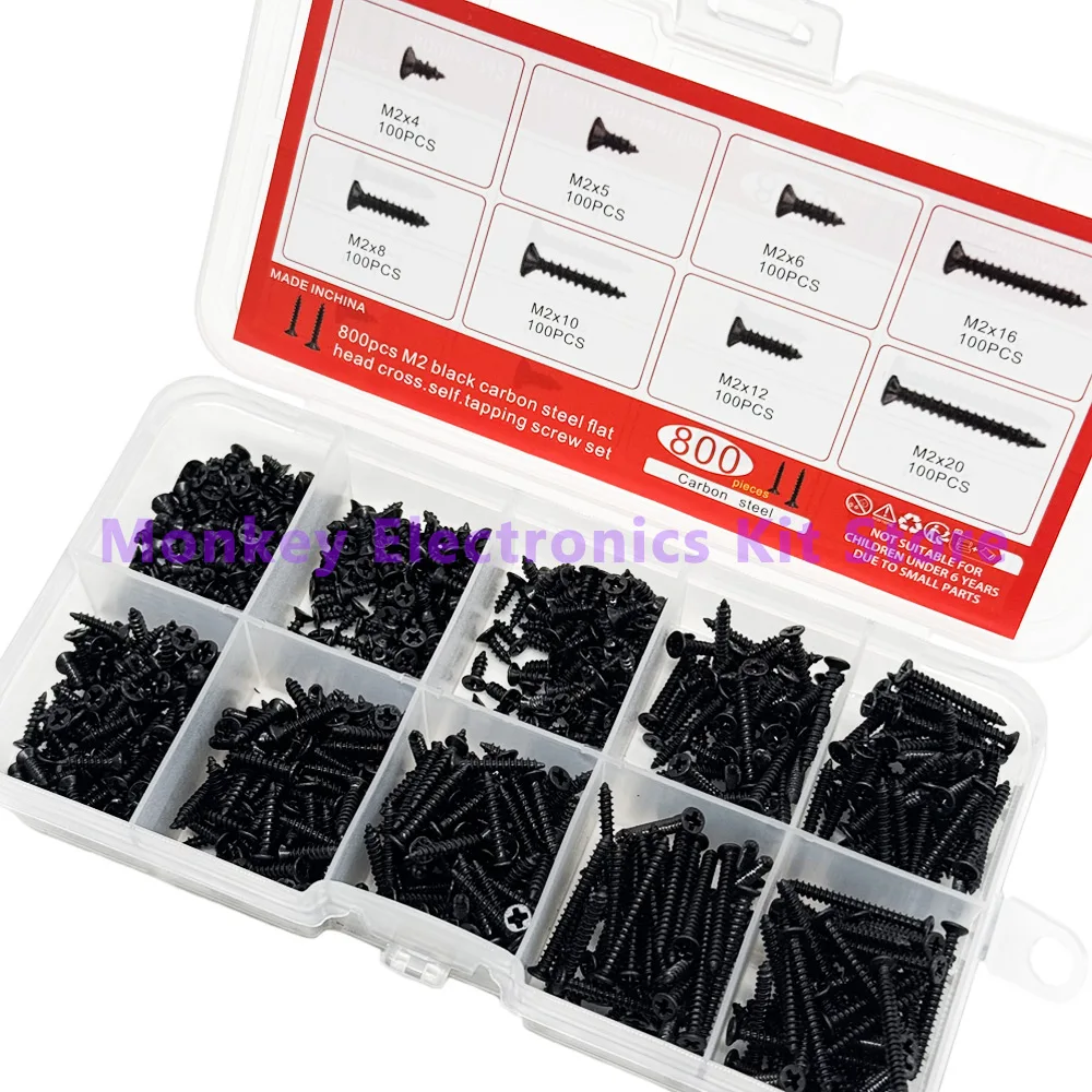 800PCS/1 Set M2 Black Phillips Self Tapping Screw Assortment Kit Locking Screws And Wood Screws