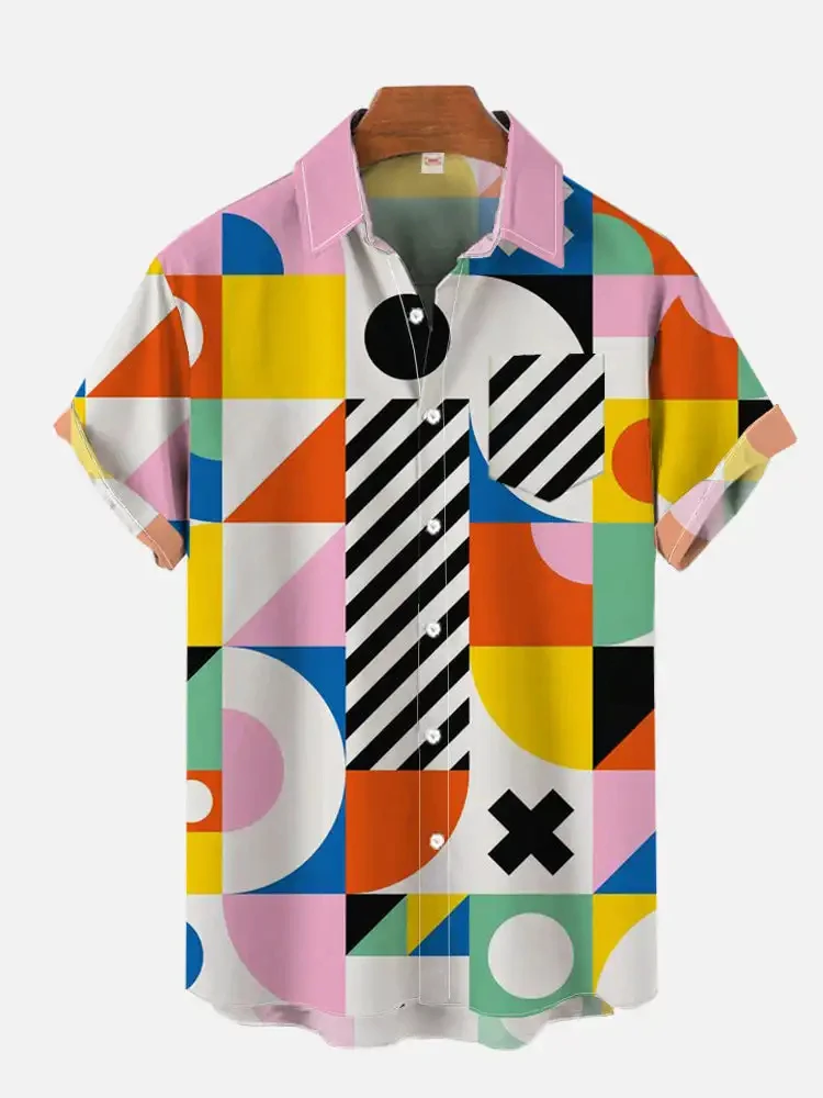 Camicia hawaiana astratta Camicia casual a maniche corte con tasca sul petto con stampa notturna moderna e colorata di metà secolo