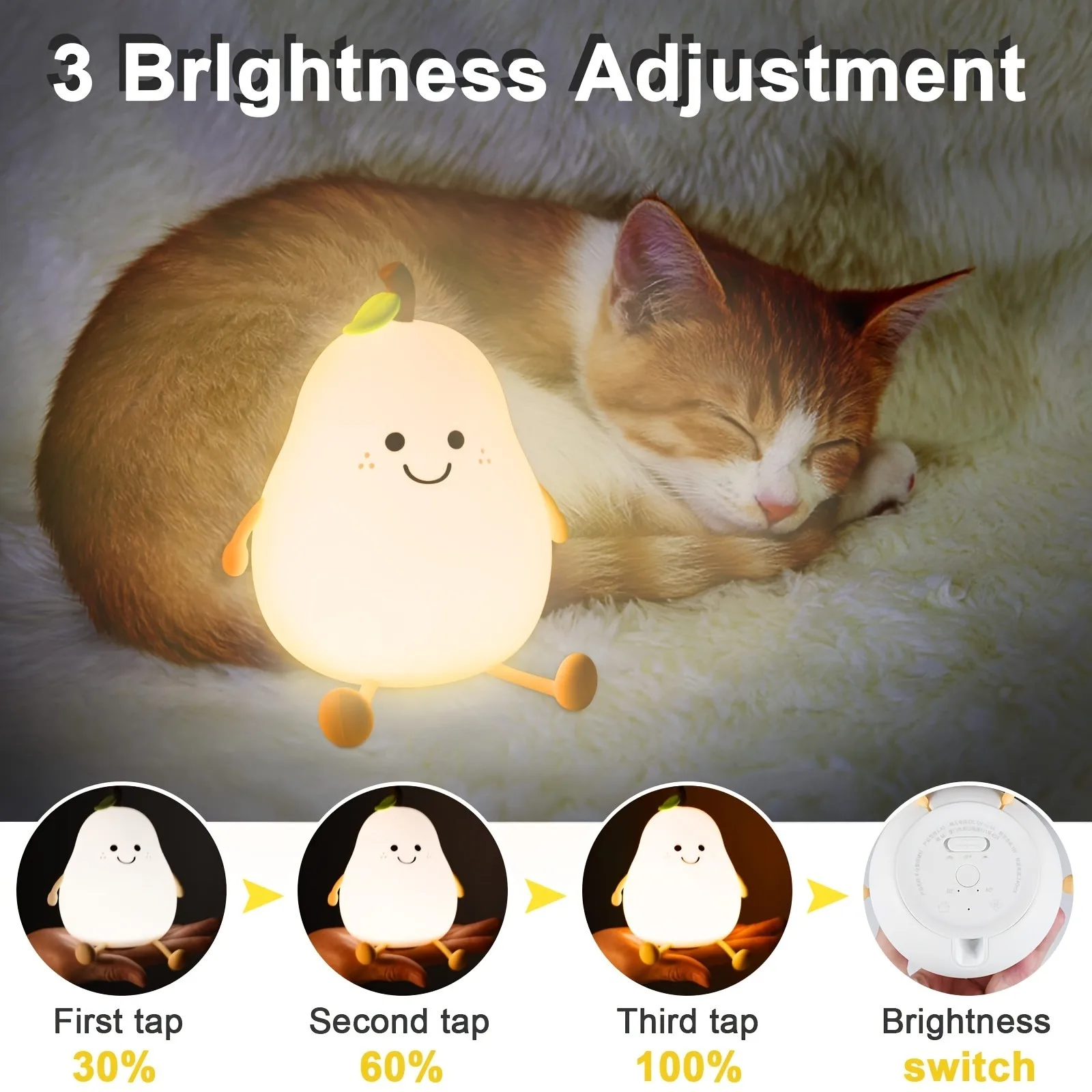 Luz nocturna de pera bonita, luz nocturna regulable de 7 colores con control táctil, lámpara de silicona reductora de estrés, recargable por USB, 1 ud.