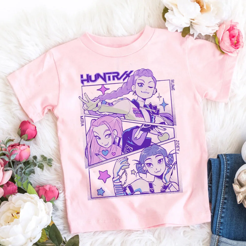 KPop Dämonenjäger T-Shirt Kinder Cartoon Anime Meme Print Kleidung Rundhals Basic Jungen Tops Freizeithemden