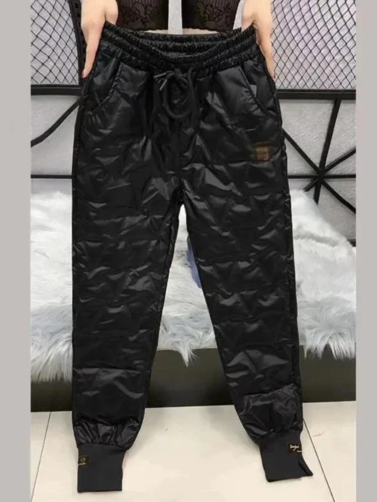 겨울 오버 사이즈 다운 코튼 펜슬 바지 따뜻한 한국 패션 슬림 두꺼운 여성 Pantalones 캐주얼 하이 웨이스트 블랙 바지 4XL