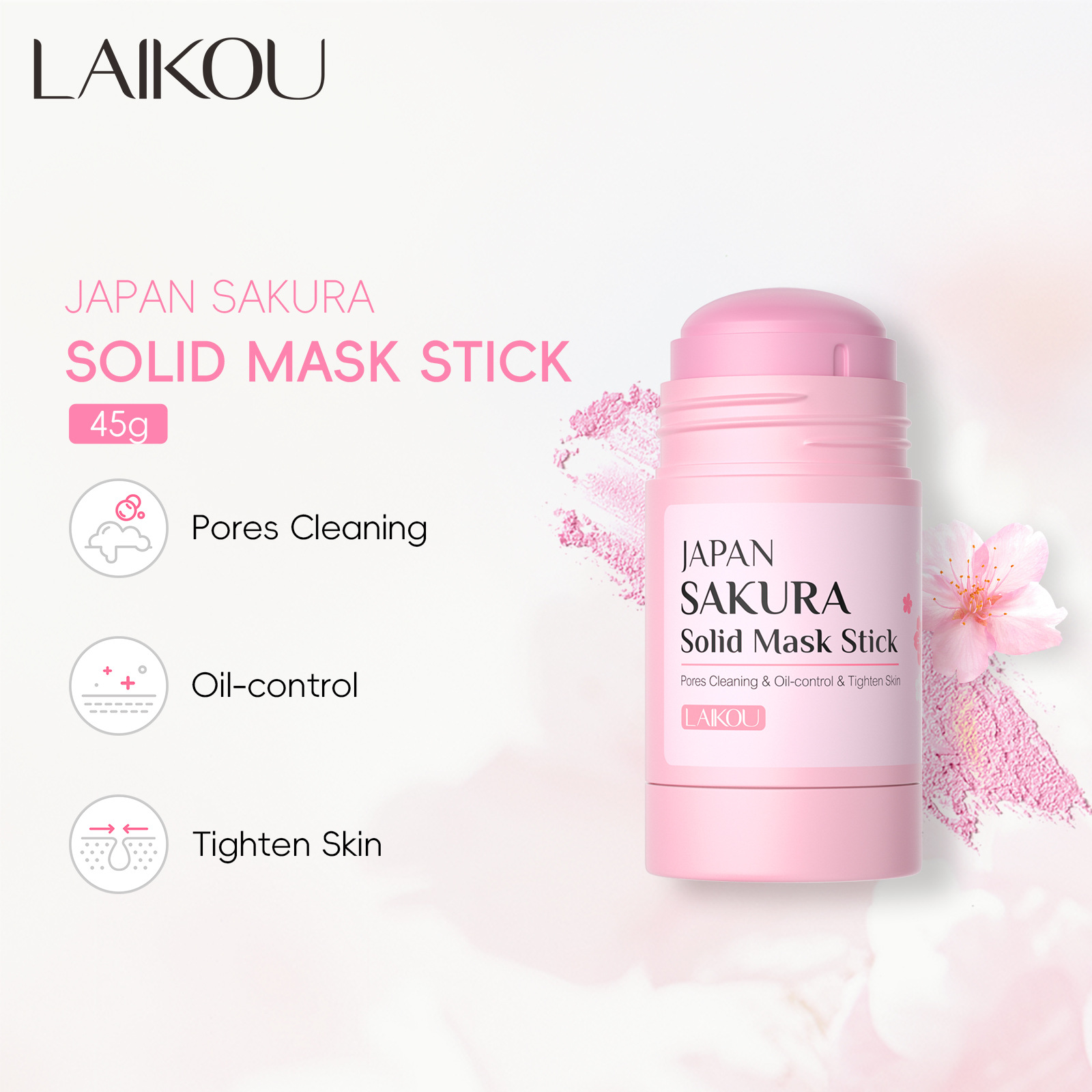 LAlKOU Sakura Solid Mud Face Mask Stick Reduces Blackhead Pores Oil Control Moisturizing Deep Cleanser Facial Face Mask 45g
