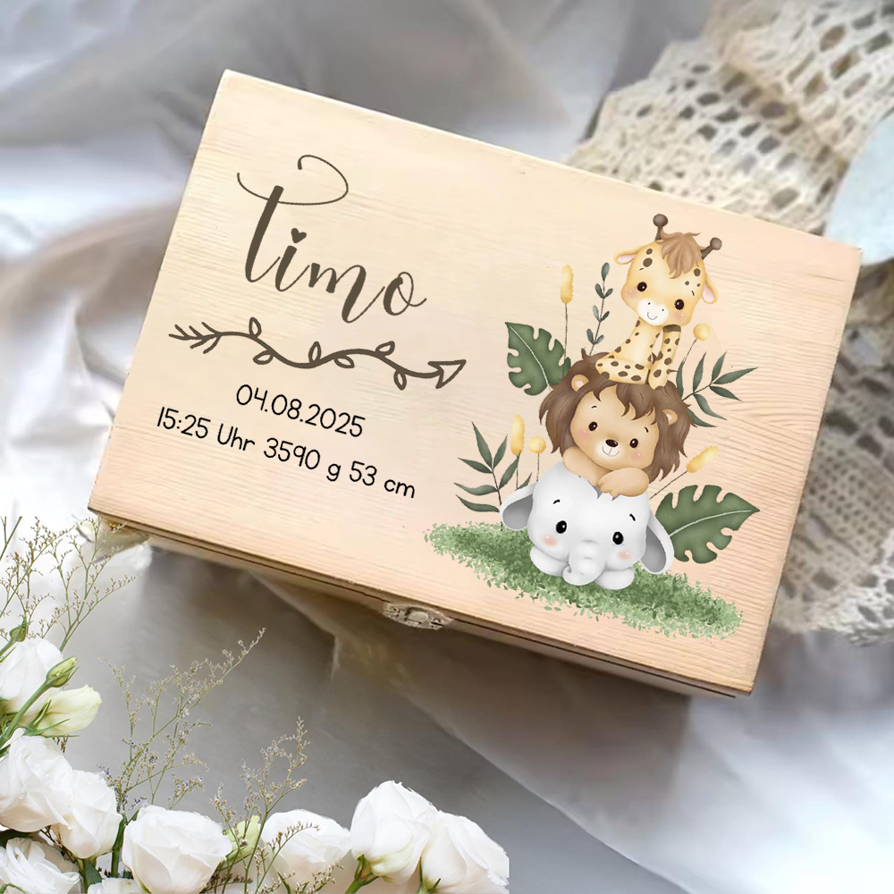 Персонализированная детская коробка для памяти со слоном, львом, жирафом, сувенирной коробкой с именем и датой рождения, деревянные коробки на заказ, подарки для ребенка