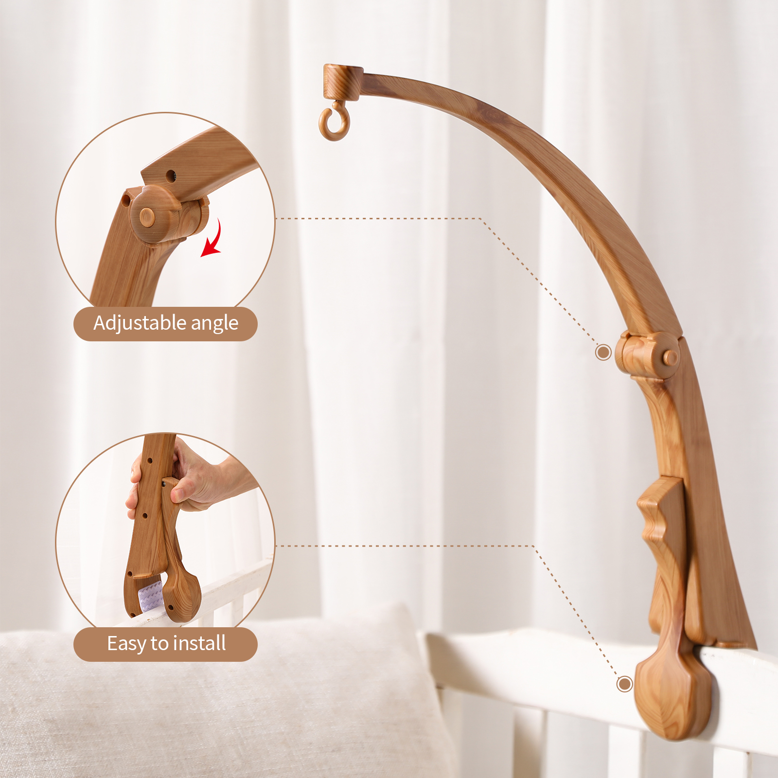 Soporte de campana de cama de cuna de bebé, brazo de juguete de imitación de madera, decoración de cama infantil, caja de música giratoria, soporte de brazo de tornillo de tuerca, bricolaje