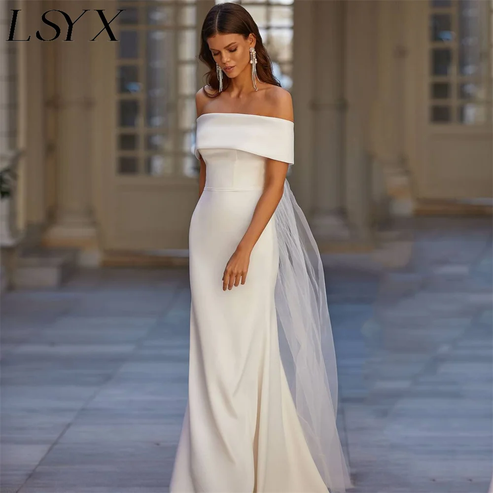LSYX ที่กําหนดเอง Elegant Off ไหล่ Backless ชุดแต่งงานเงือกสําหรับผู้หญิง Simple Crepe Sweep Train Minimalism ชุดเจ้าสาว