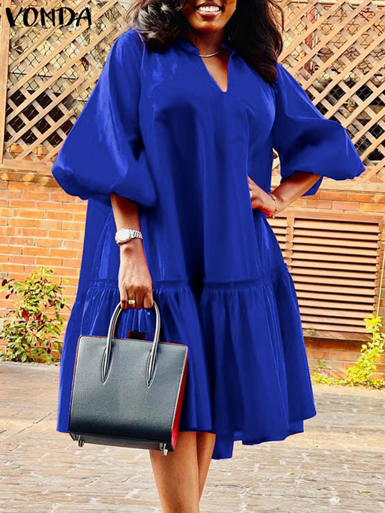Vonda-女性用サテンショートドレス,ランタンスリーブ,Vネック,単色,ボヘミアン,ラージサイズ,5XL,エレガント,パーティー,夏,2021