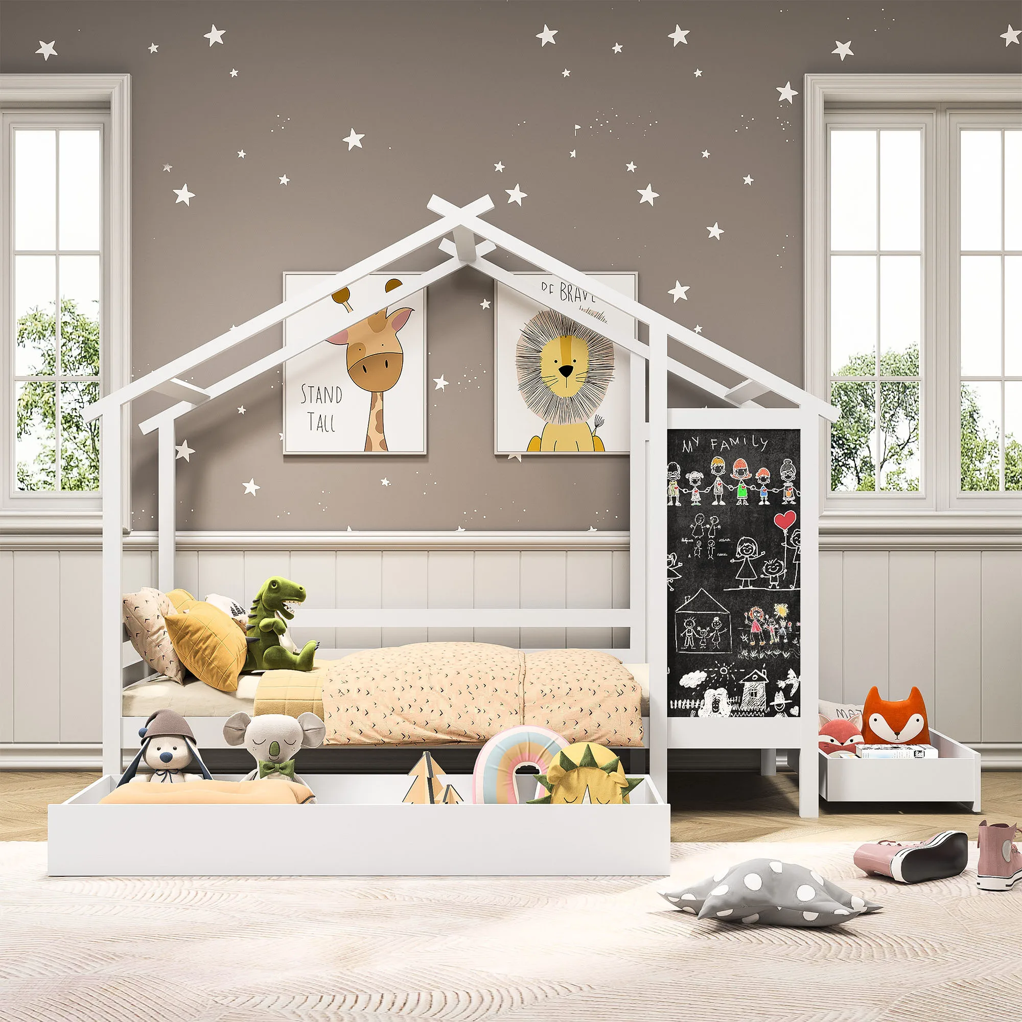 Lazyspace Estructura de cama infantil blanca 90x200 cm, cama casera de madera para niños, con pizarra y 2 cajones