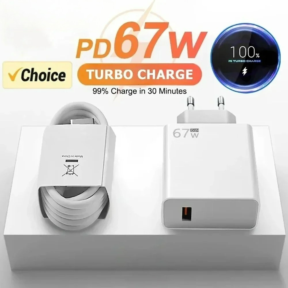 Total 67W GaN USB Charger Fast Charging Wall Phone Adapter 6A USB TypeC Cable Quick Charge 3.0 Plug For iPhone Samsung Xiaomi