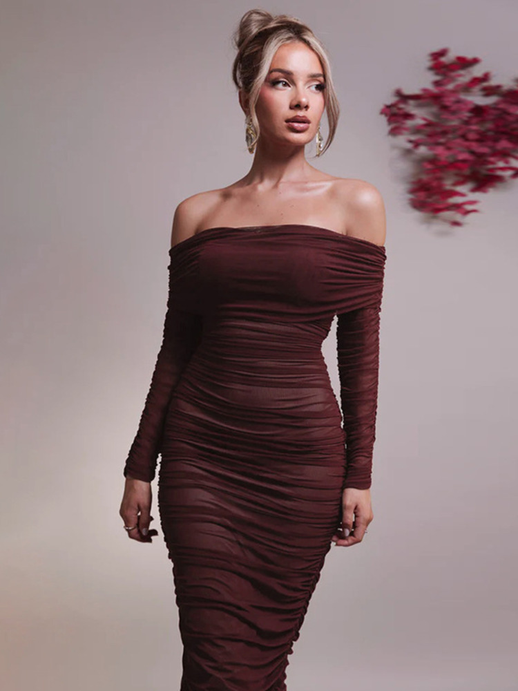 Mozision Off-schulter Langarm Sexy Maxi Kleid Für Frauen Herbst Neue Liebsten Backless Bodycon Geraffte Party Langes Kleid
