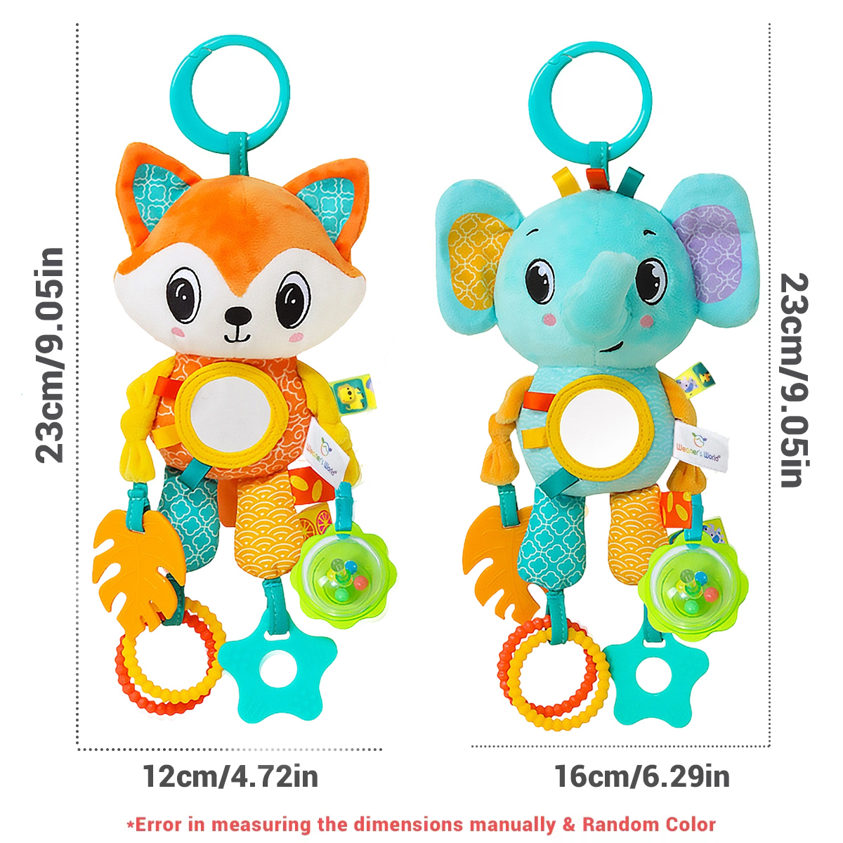 Soft Hanging Crinkle Squeaky Sensory LearningToy Stroller Car Seat Crib Travel Plush Animal Wind Chime with Teether Boys Girls