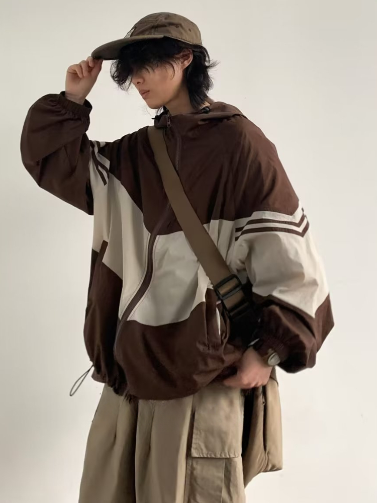 Chaquetas de hombre con capucha holgadas Patchwork contraste de Color moda cómoda impermeable ocio diario Retro exterior estilo japonés Chic