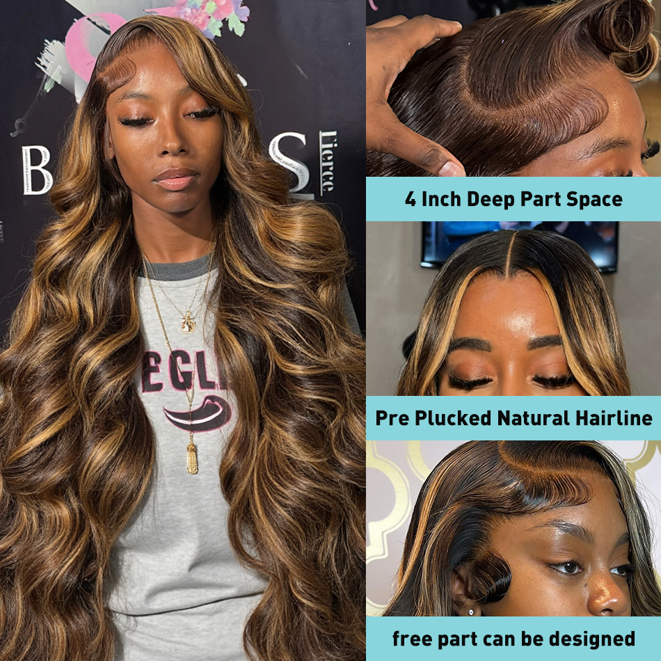 30 40 Inch 4/27 Highlight Body Wave 13x4 Human Hair Lace Frontal Wigs 200Density Colored Ombre 13x6 HD Lace Front Wig For Women