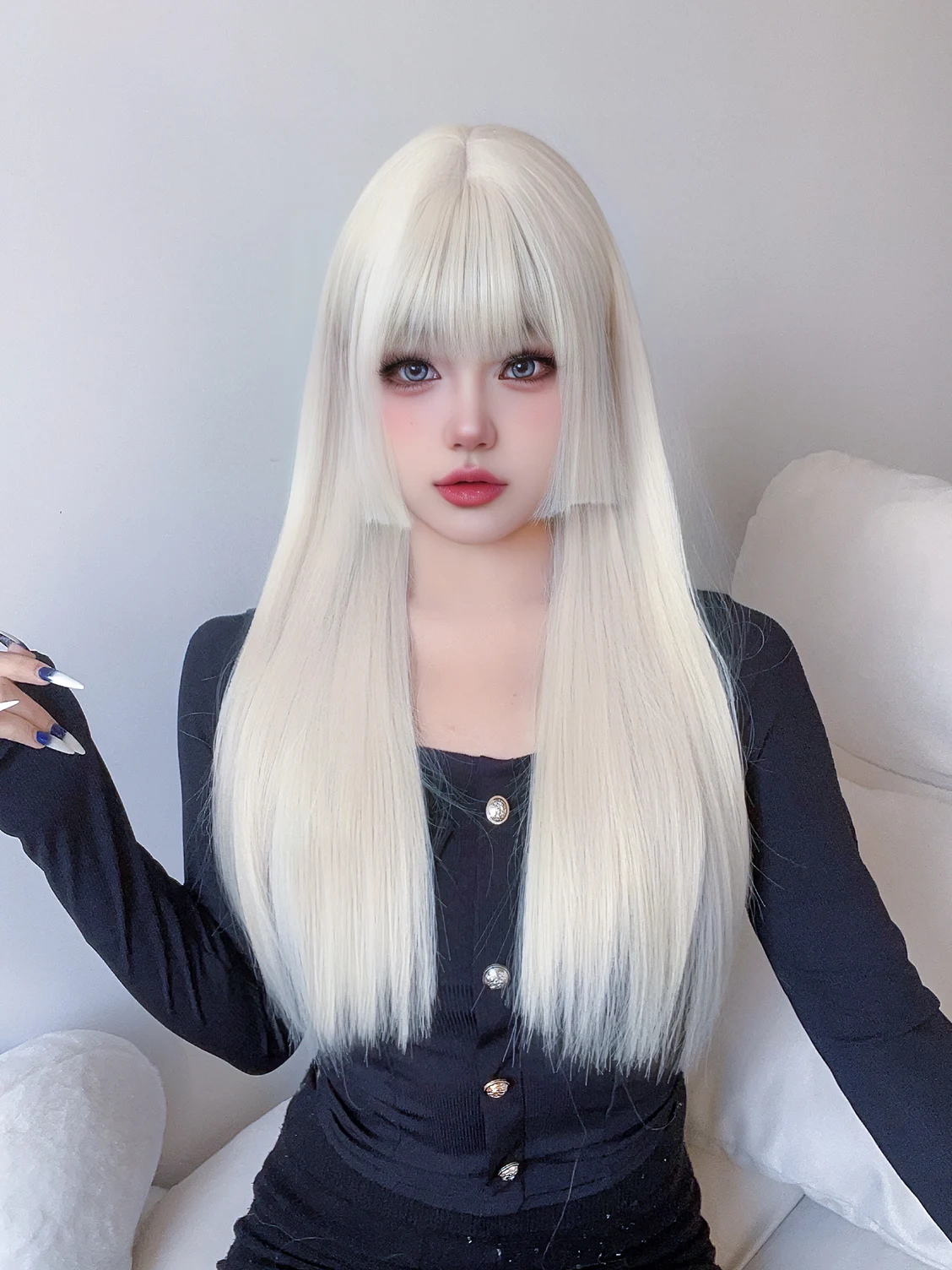 Lolita-Peluca de cabello sintético para mujer, cabellera artificial con flequillo largo y liso, color blanco y Rubio, 26 pulgadas, resistente al calor