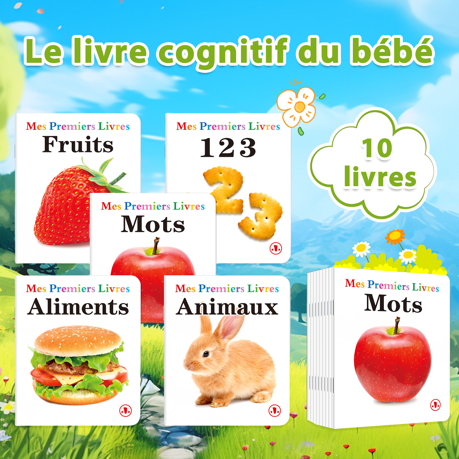 Franse boekenset voor vroeg leren - Fruit, ABC, dieren en meer voor baby's Cognitieve ontwikkeling Babyverhalenboeken