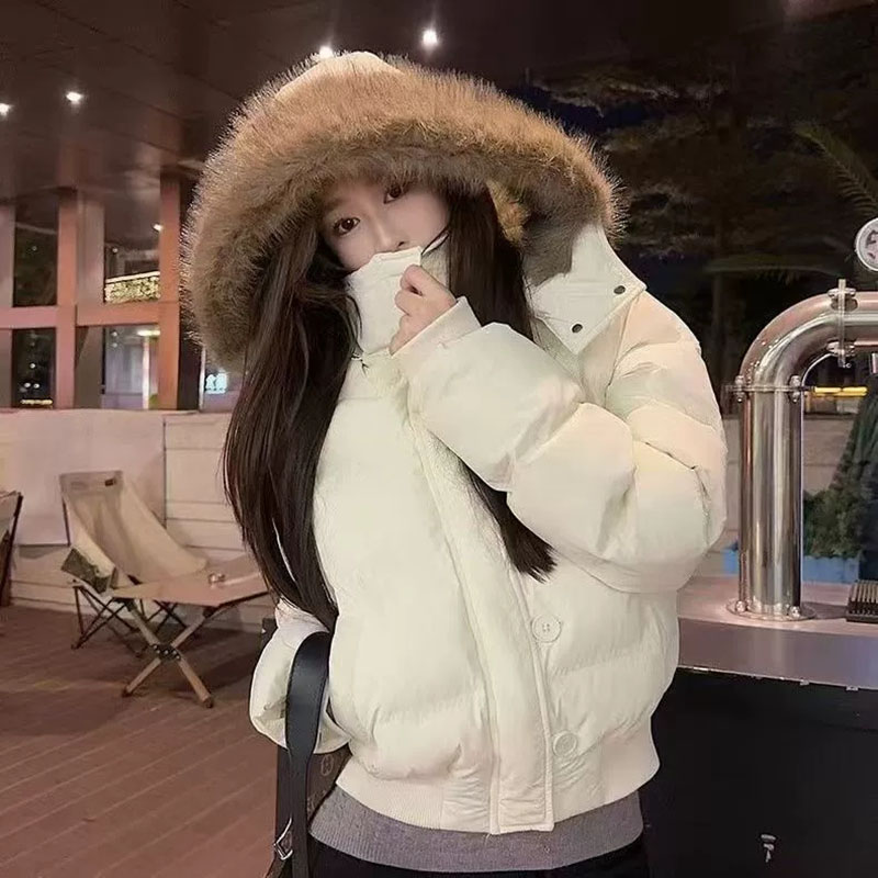 Gola de pele coreana com capuz parkas senhoras design de moda recortado algodão acolchoado jaqueta de inverno feminino azul casual quente parka casacos
