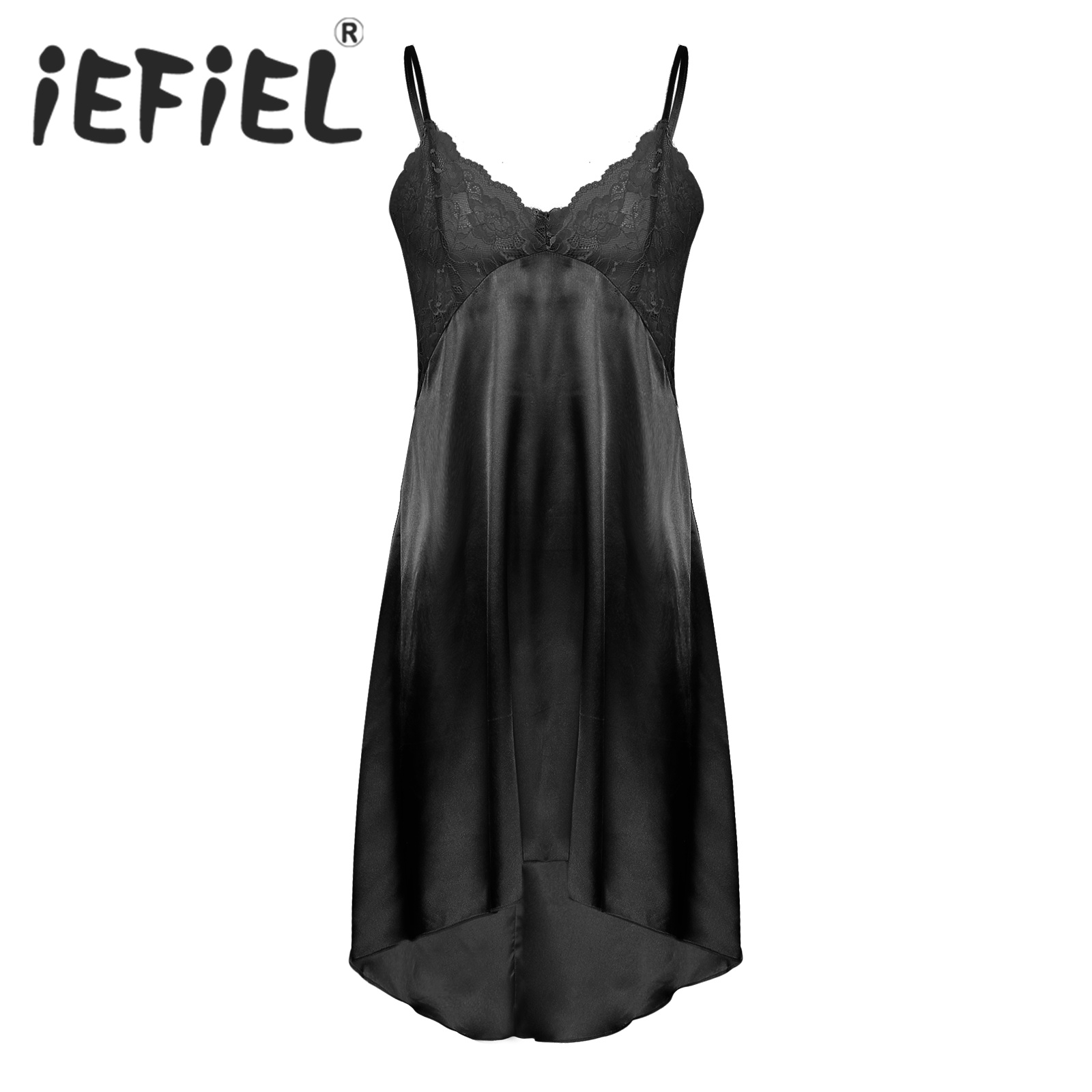 Chemise de nuit en satin Sissy pour hommes, vêtements de nuit en élasthanne croisée, robe en dentelle transparente, patchwork, ourlet irrégulier, bretelles réglables, vêtements de nuit