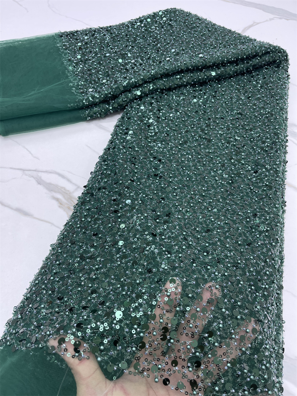 アフリカンヘビービーズレース生地ナイジェリアキラキラ、フレンチチュール、結婚披露宴用高級素材、高品質、5ヤード、2024
