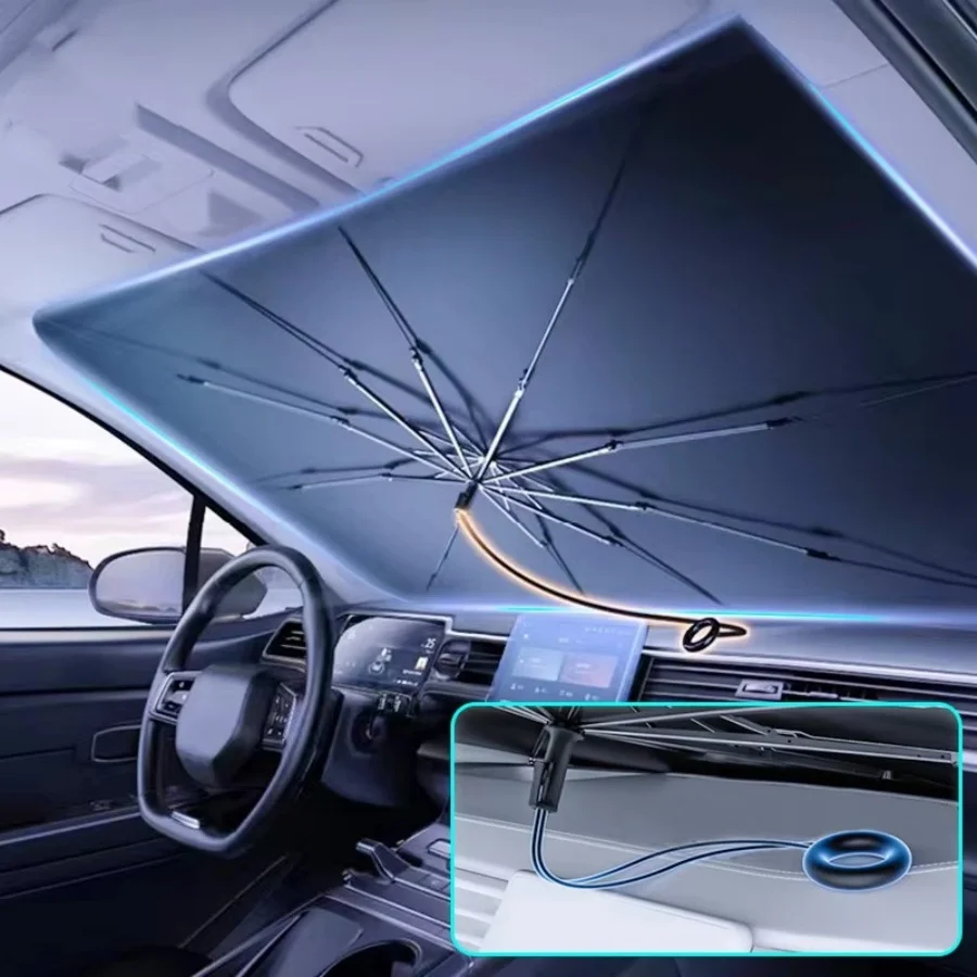 Pára-brisa Sun Shade com 360 °   Puxador anti-riscos com cabo de tração - Pára-sol atualizado para pára-brisa de carro com tecido de camada dupla