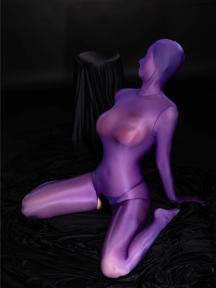คอสเพลย์แม่บ้าน Leotard น้ํามัน SHINY Glossy เซ็กซี่ Jumpsuits ผู้หญิงฝาครอบ Shaping บอดี้สูท SHEER ดูผ่าน Elastic Tights