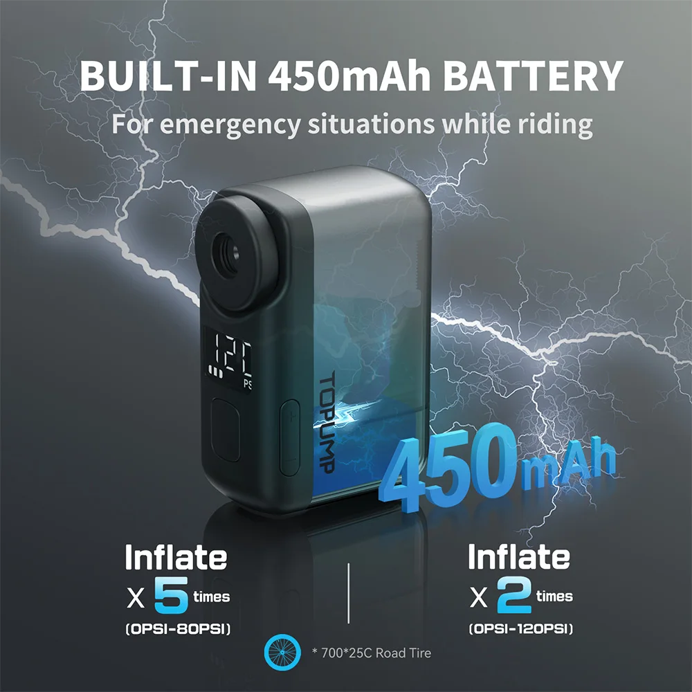 TOPUMP TB2 PRO Electric Mini Portable Pump for Bike Cordless Tire Inflator 120PSI Max 450mAh Battery with Display Fast Charging