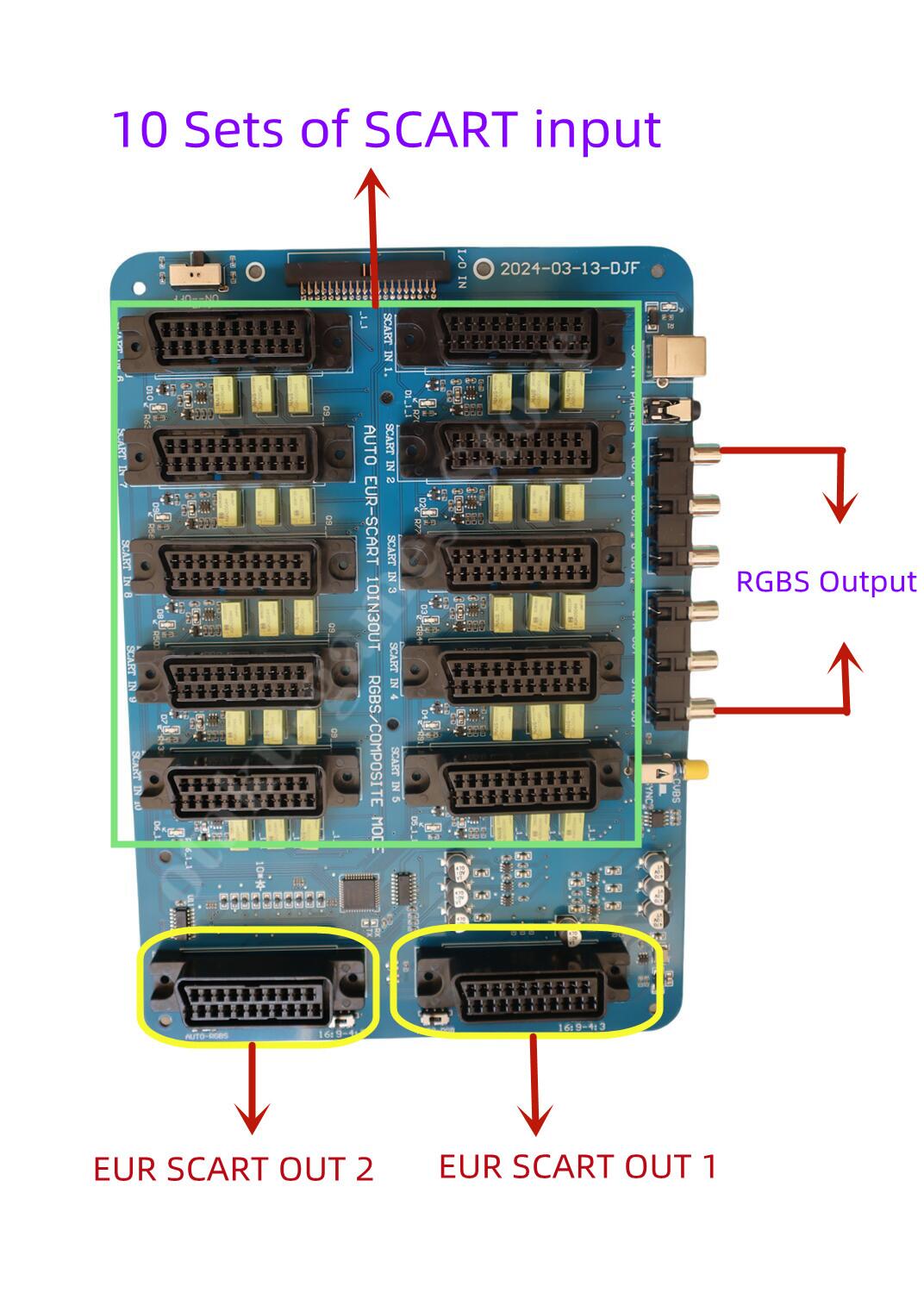 Nuevo distribuidor EUR SCART de 10 en 3 salidas, 2 Scart 1 RGBS, convertidor de vídeo RGBS automático, placa conmutador para MD/MD2/SS/PS/PS2/PS3/DC/SFC