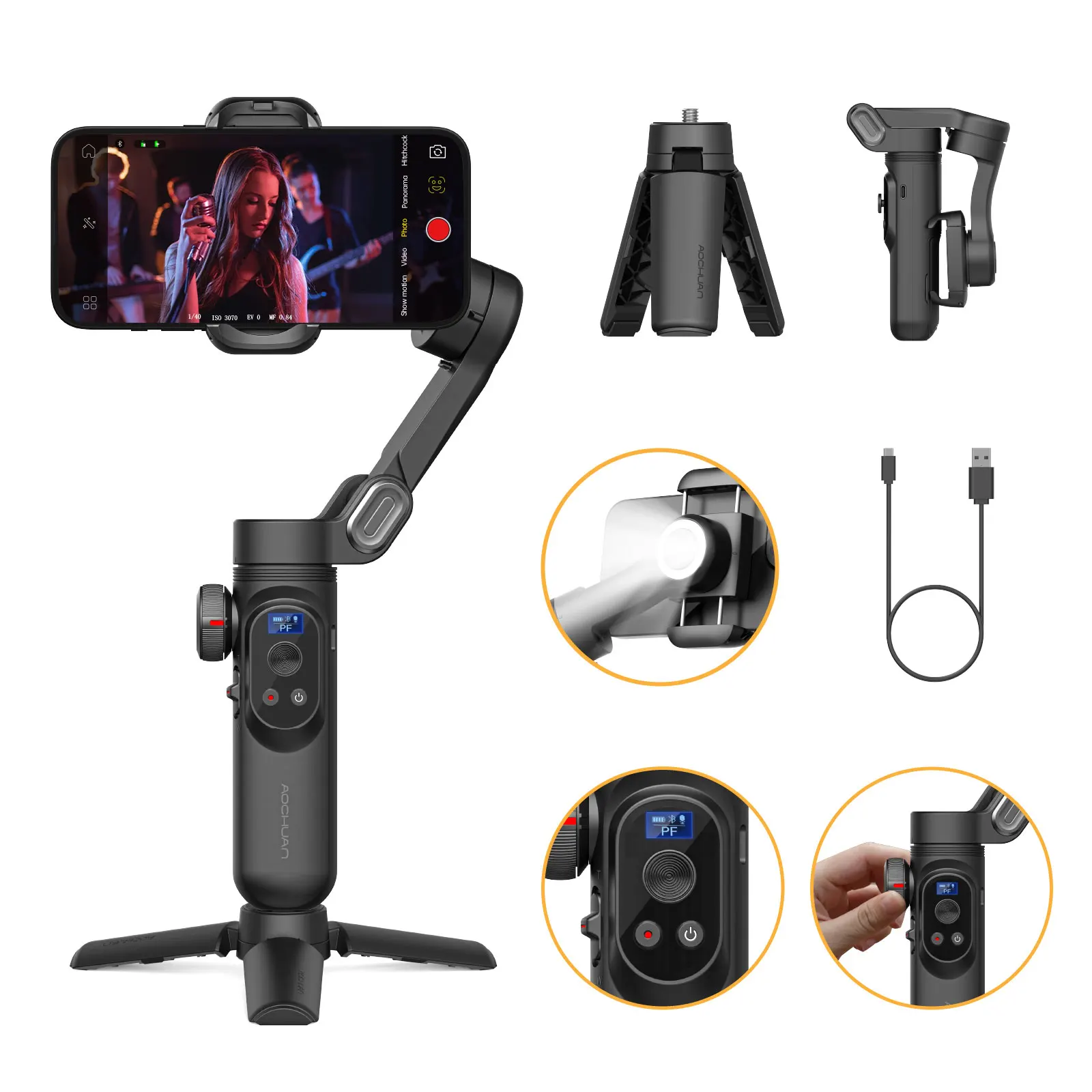 AOCHUAN Smart XPro Smartphone Estabilizador de cardán de 3 ejes para iPhone y Android Smartphone Grabación de vídeo con efecto de luz de relleno