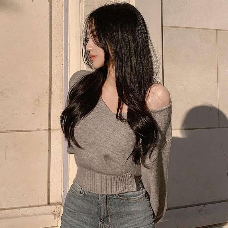 シックな秋のヴィンテージニットウェア長袖 V ネックウエストシンチボタンアップスリミング多用途女性のオーバーヘッドセーター