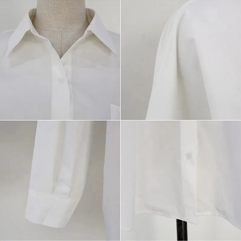 Camicette larghe casual bianche eleganti da donna da ufficio Moda nuova camicia da donna a maniche lunghe in cotone con colletto couverture