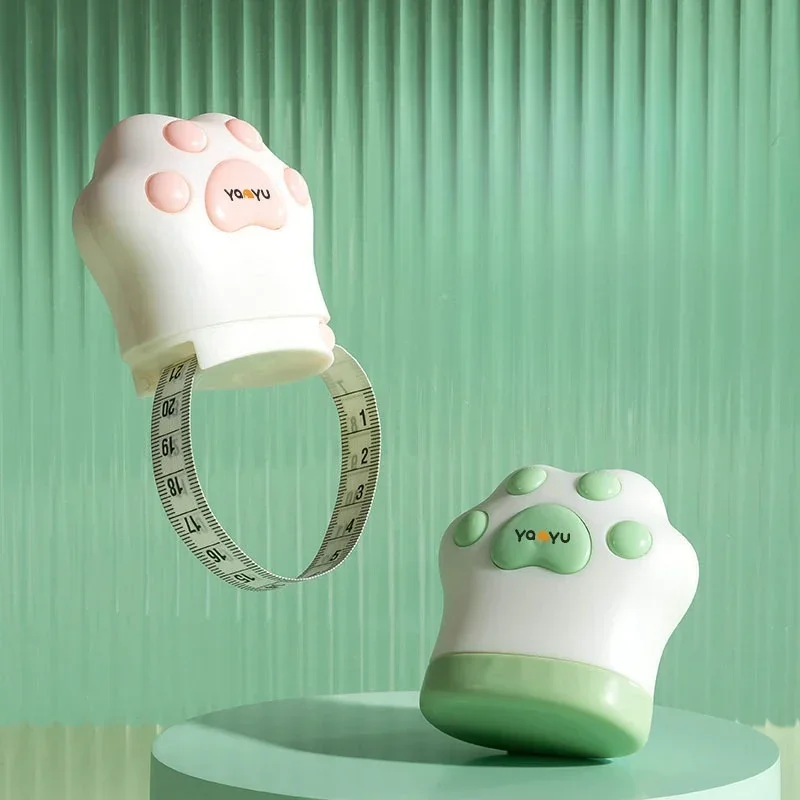 Cm/Inch Cute Cat Paw Shaped PU Tape Measure Mini Portable One-click Retract Soft Ruler for Human Body Chest Waist Hips Measure