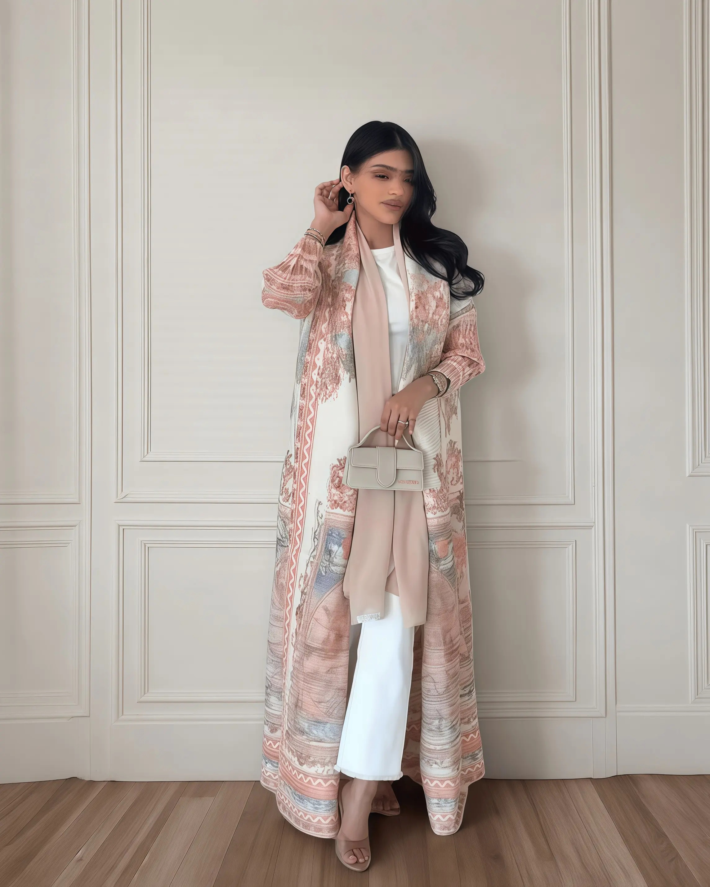 Jesienny długi płaszcz damski, nadruk retro, z długim rękawem, muzułmańska abaja, moda Saudyjska, pomarszczony pas biodrowy