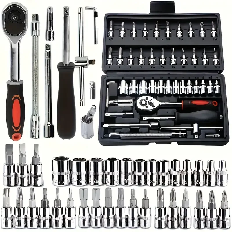 Hi you: 46 piece car repair tool kit: ratchet torque wrench, wrench, screwdriver, socket set combination - perfect for bicycle a