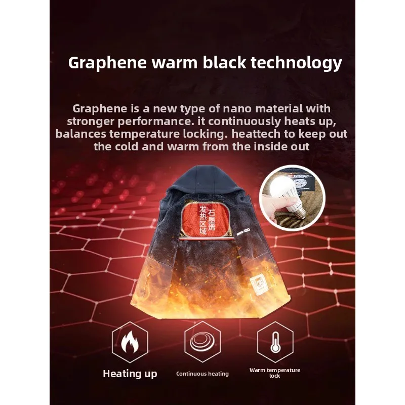 Chujie jaqueta masculina de lã outono e inverno moda grafeno quente com capuz caminhadas ao ar livre esportes com jaqueta cardigã de lã grossa