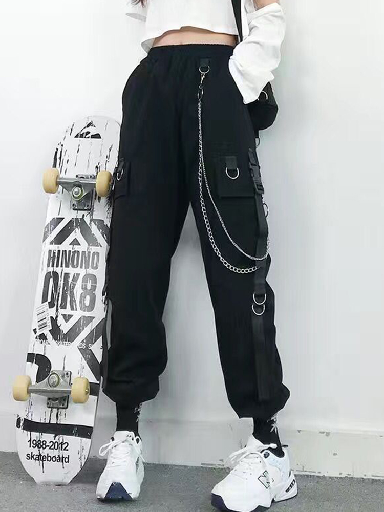 ZOKI Gothic Frauen Cargo Hosen Schwarz Jogger Hohe Taille Harajuku Harem Hosen Punk Goth Techwear Kette Hosen Weibliche Hip Hop