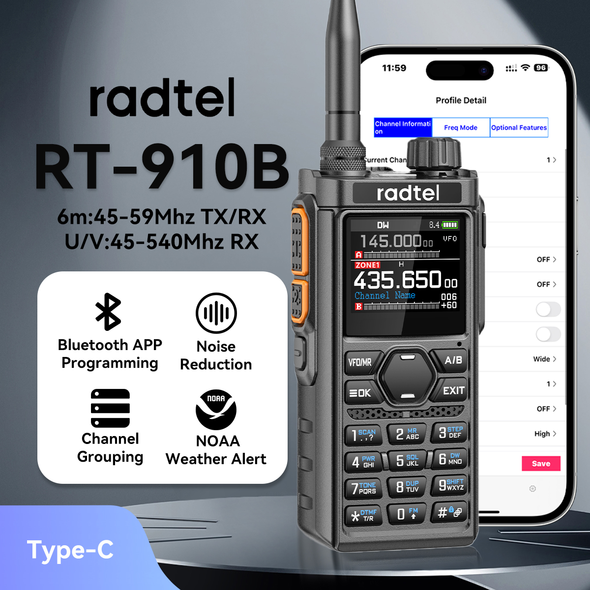 Radtel RT-910B Bluetooth App Programing and Noise Reduction Ham Radio 45-59Mhz TX RX Walkie Talkie Air Band  NOAA Police Marine