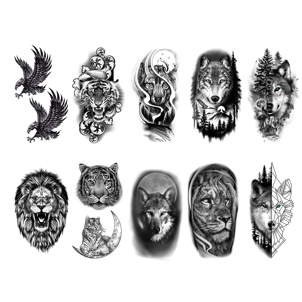 Autocollant de tatouage temporaire imperméable, 10 pièces, loup foncé, Lion, tigre, aigle, serpent, cerf, squelette, Scorpion, Art corporel, bras, femmes et hommes