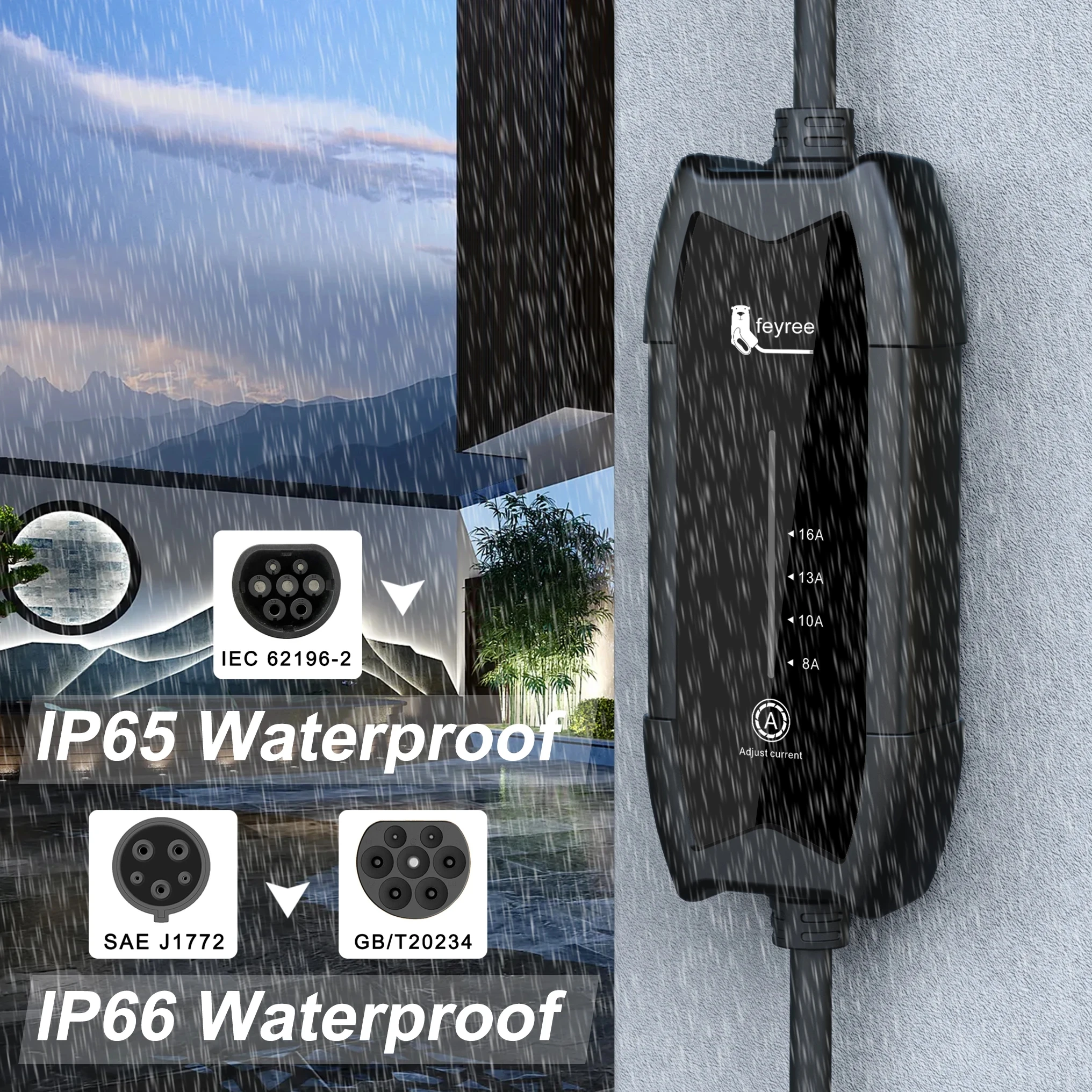 feyree EV ポータブル充電器 Type2 / GB/T プラグコネクタ 16A 1 相 3.5KW Type1 5 メートルウォールボックス充電ステーション電気自動車用