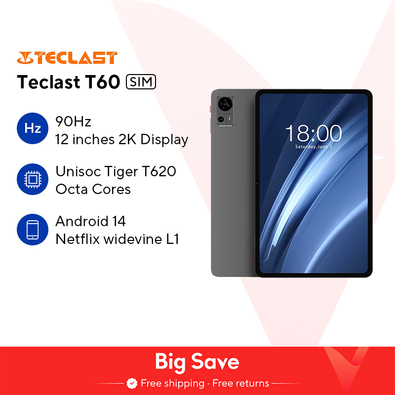 Планшет Teclast T60, 12 дюймов, 2K, 90Hz, Android 14, 8 ГБ + 12 ГБ ОЗУ, 256 ГБ ПЗУ, T620, восьмиъядерный процессор, 8000 мАч, 18 Вт, PD, быстрая зарядка, 4G, VoLTE, GPS-планшеты