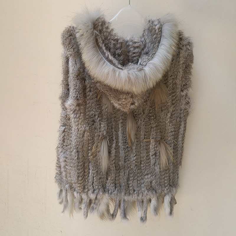 Mulheres com capuz de malha colete de pele de coelho real com gola de pele de guaxinim real moda sem mangas genuíno pele de coelho gilet outwear