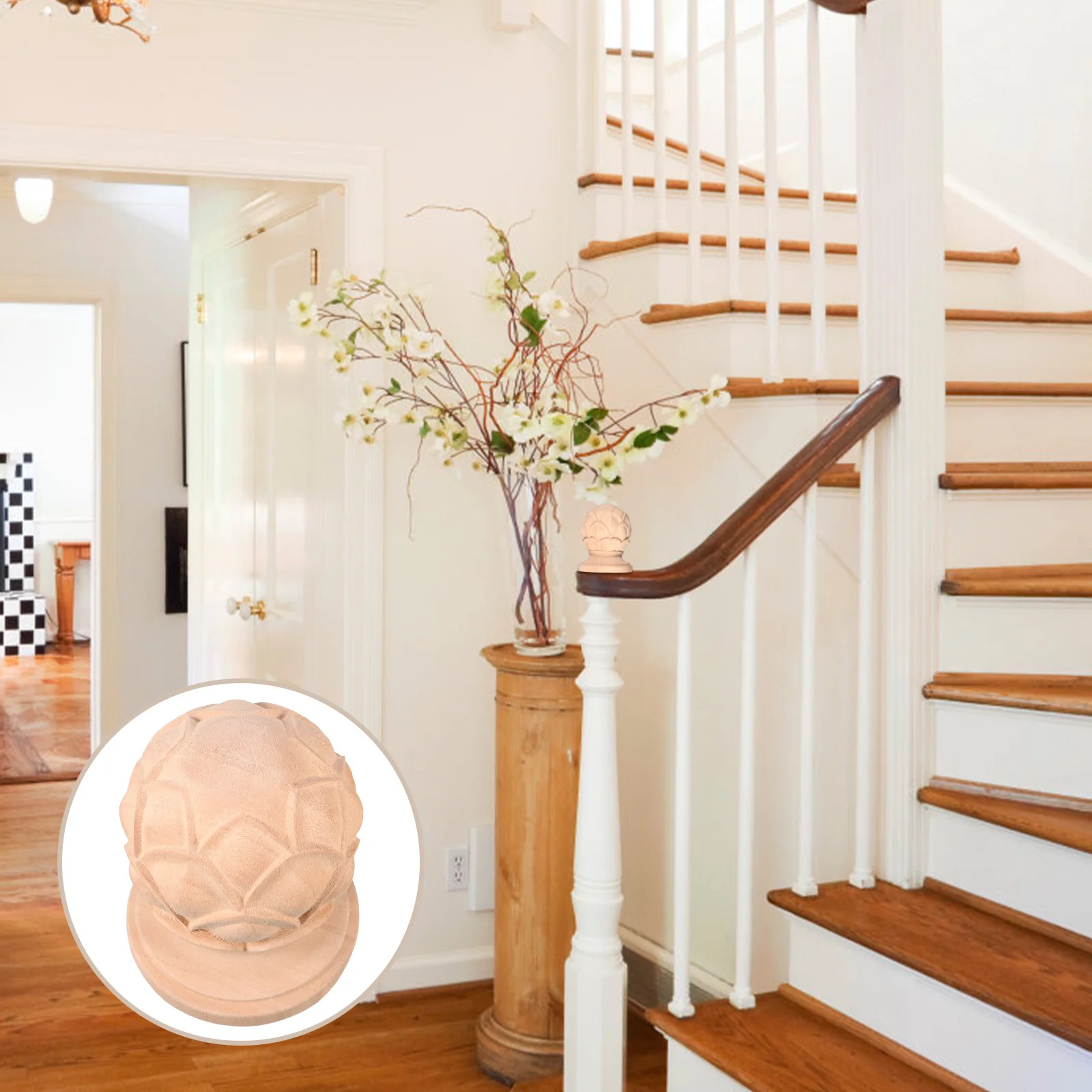 Tapa de extremo de balaustre de madera maciza con remate de escalera de madera tallada europea para decoración del hogar interior, poste de escalera de madera superior