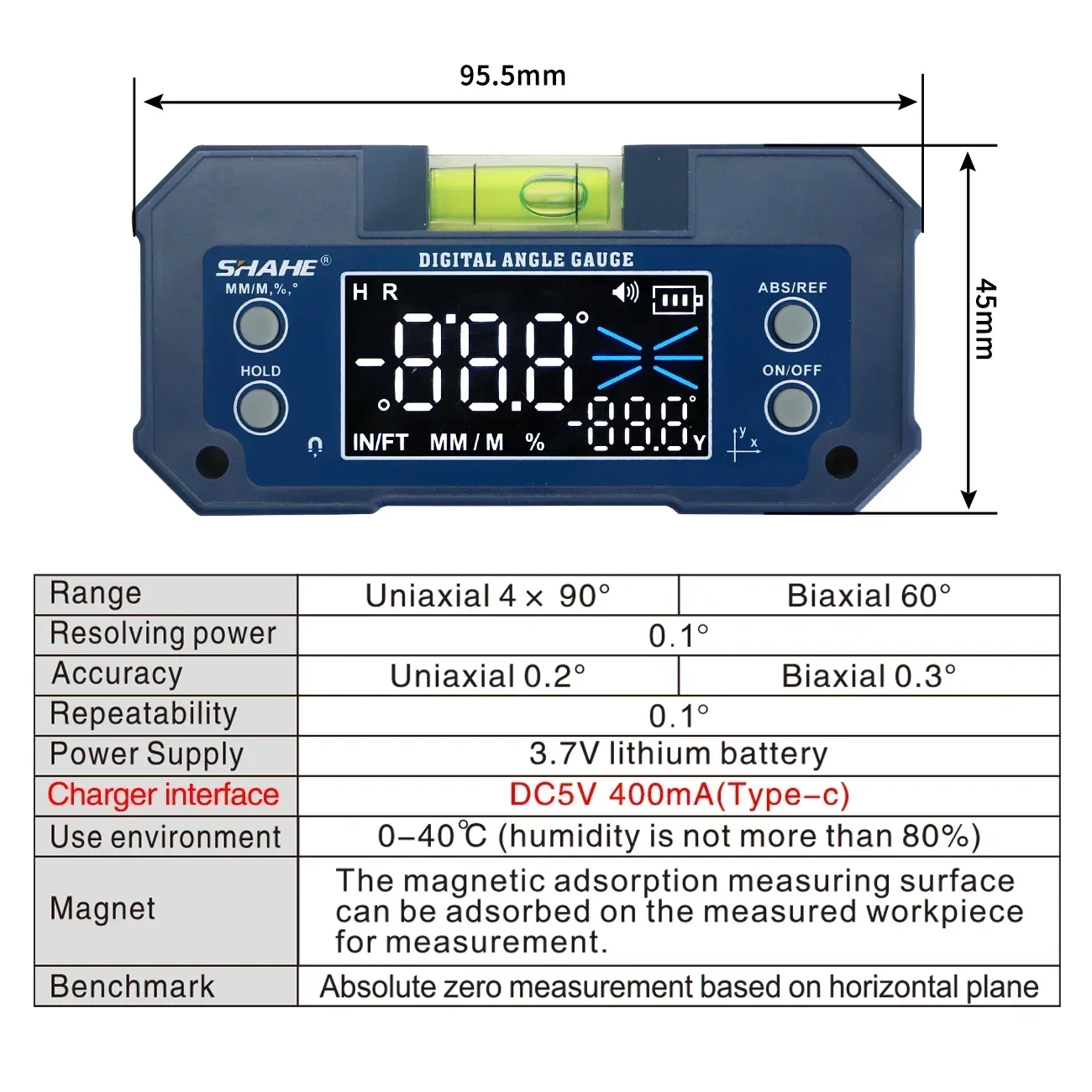 SHAHE Digital Level Inclinometer Dual-axis Electronic Protractor Rechargable Bevel Box Electronic Level Angle Finder Gauge