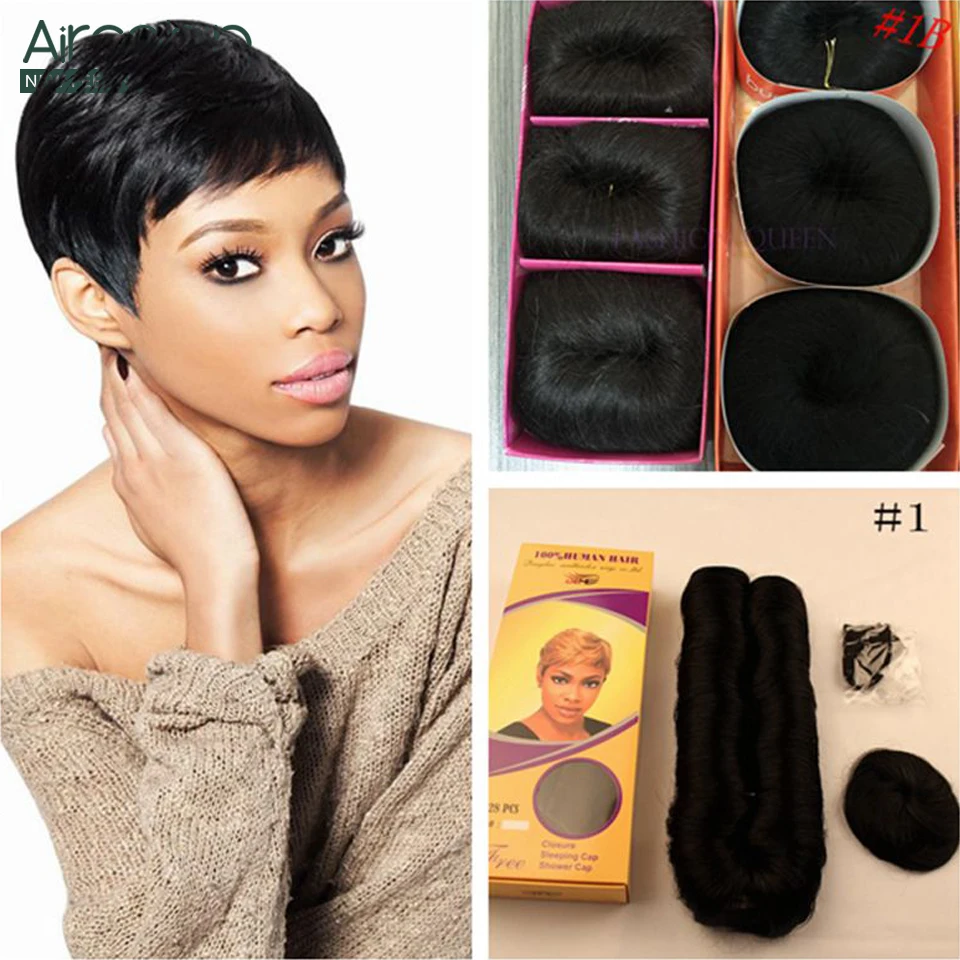 Pacotes naturais de cabelo humano com fechamento, máquina reta feita, extensões de cabelo curto, 1 pacote para cabeça cheia, 28PCs