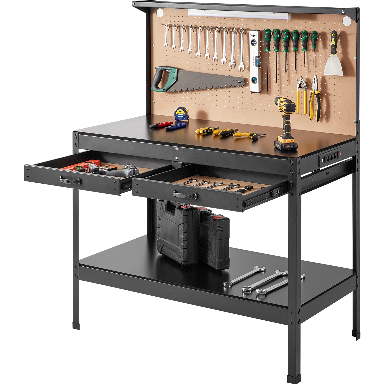 SucceBuy 220lbs Garege Workbench A3 Steel Work Bench with 2xUSB Ports & 30xHooks Workspace for Workshop Hardwood Working